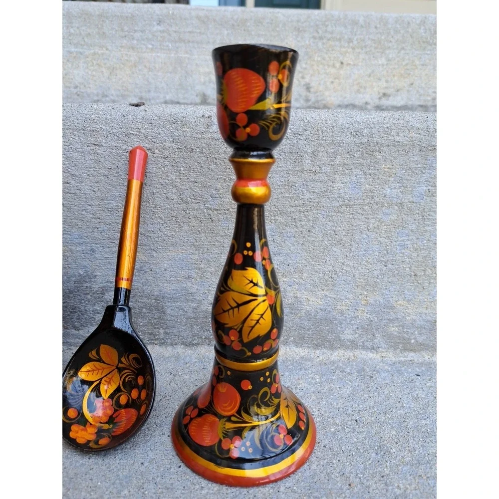 Russian Hand Painted Khokhloma Wooden Food Container Spoon Candle Holder